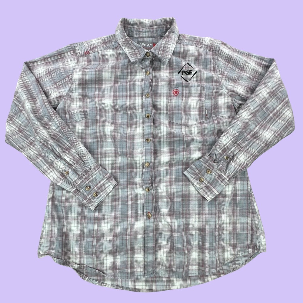 Ariat FR Women XL Work Shirt Grey Plaid Flame Resistant PGE Logo 10023867